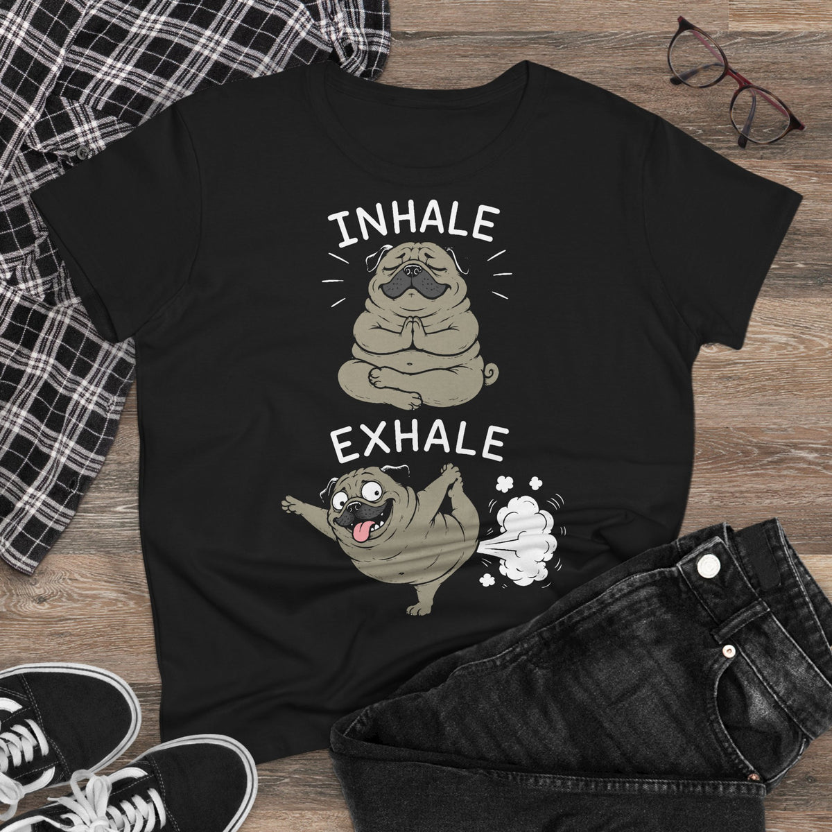Damen T-Shirt Inhale Exhale Mops Yoga