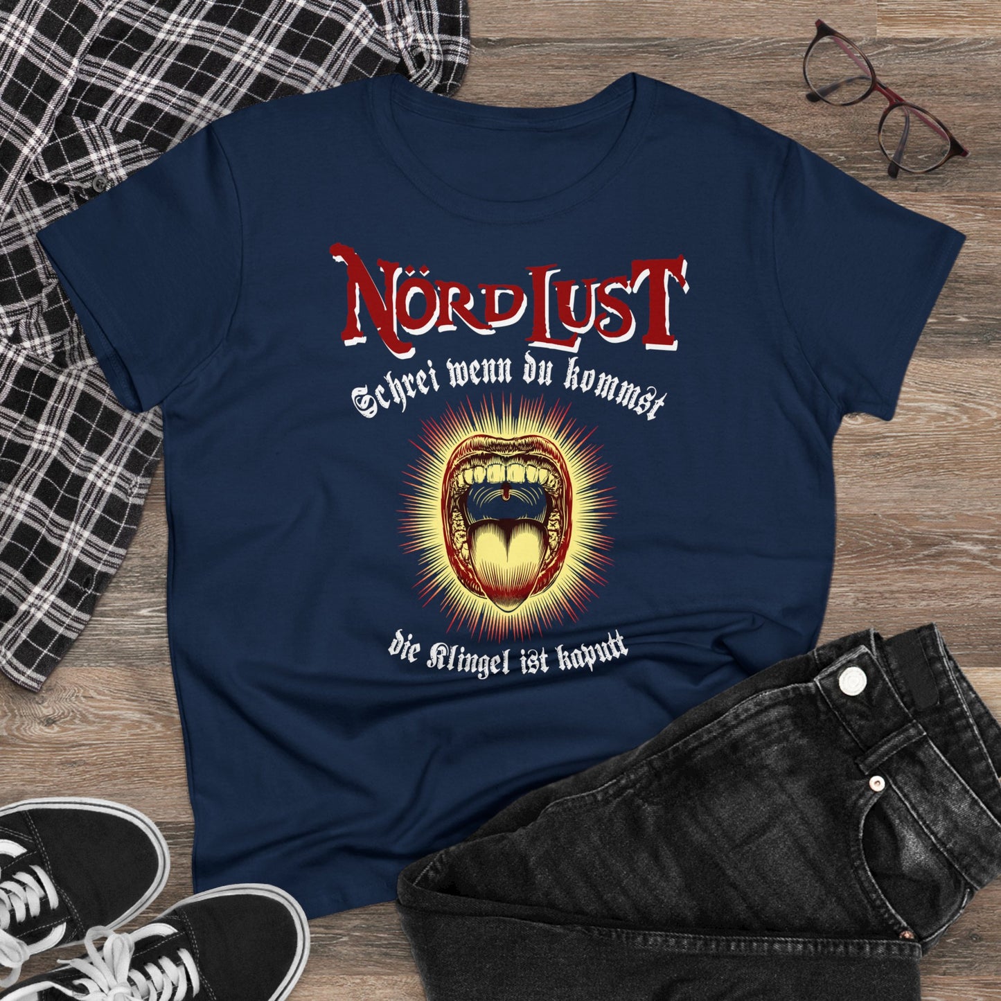 Damen T-Shirt NördLust Schrei wenn du Kommst, die Klingel ist kaputt