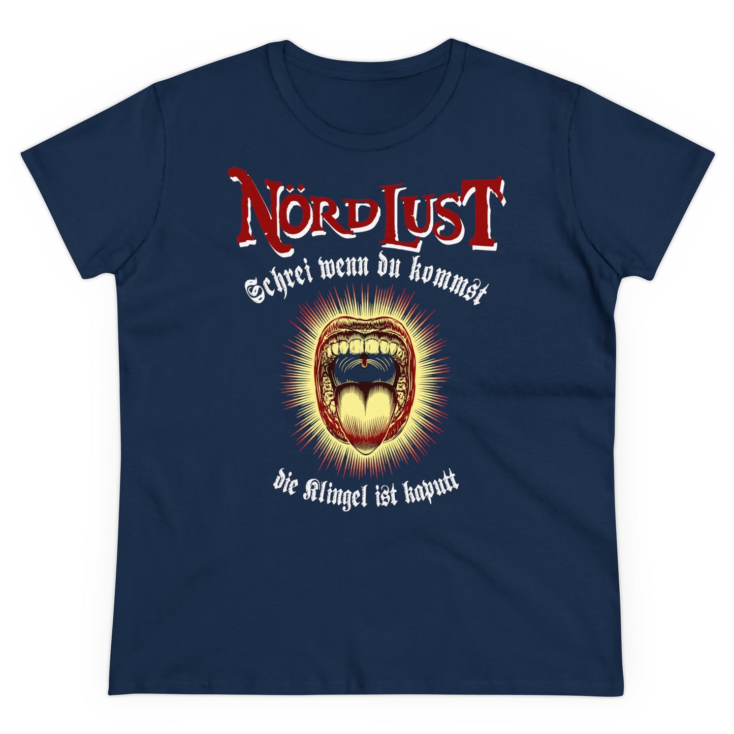 Damen T-Shirt NördLust Schrei wenn du Kommst, die Klingel ist kaputt